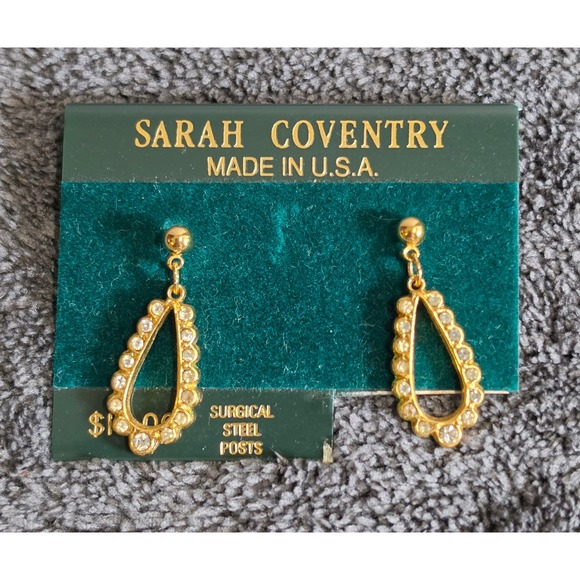 Sarah Coventry Jewelry - Vtg Sarah Coventry Gold Tone Rhinestone Teardrop Drop Earrings Surgical‎ Steel
